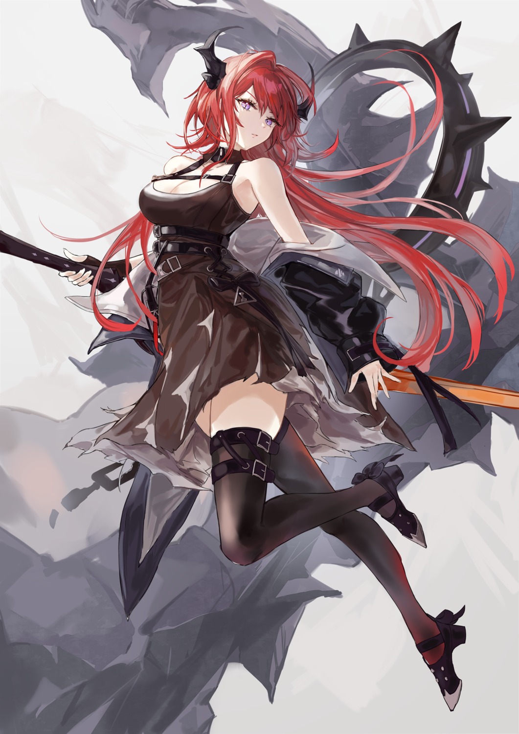 Kachi Arknights Surtr Arknights Cleavage Dress Garter Heels Horns Tail Thighhighs 772258